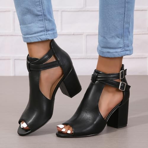 Peep Toe Heeled Sandals for Women Open Toe Side Cutout Chunky Heels Adjustable Ankle Buckle Summer Booties US5-113