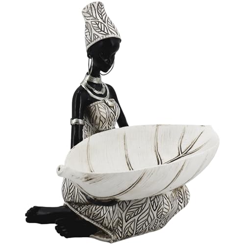 Lescafita African Woman Resin Tray Figurine, White Leaf Decorative Bowl Sculpture, Boho Tribal Art Statue for Jewelry Storage and Home Decor