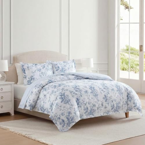 Image of Martha Stewart - Twin Comforter Set, 100% Silky Smooth Cotton Sateen Floral Bedding for Year Round Comfort, 2 Piece Bed Set with Matching Pillowcase (Songbird Blue)