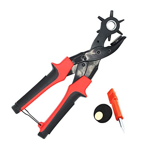 TOOHUI Cinturón Agujero Perforadora, Alicate Sacabocados para Cuero, Giratorio Perforadora Alicates, Tenaza Perforadora, 6 Redondo Tamaños - 2 mm, 2,5 mm, 3 mm, 3,5 mm, 4 mm, 4,5 mm(Rojo)