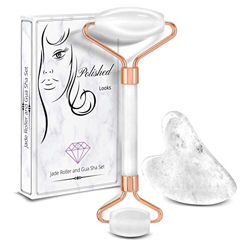 Polished Looks Jade Roller and Gua Sha Set, White Rose Quartz Roller, face Roller Massager, Jade Facial Roller with Eye Roller Used for Skin Massage to give it That Vibrant Look.