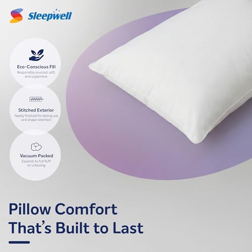Image of Sleepwell Umang L Pillow | Conjugate Fibre | Neck Support & Pressure Relief | Hypoallergenic & Dust Resistant | Medium Soft Firm | Lightweight & Breathable | Machine Wash | 24x16 Inch | Pack of 2