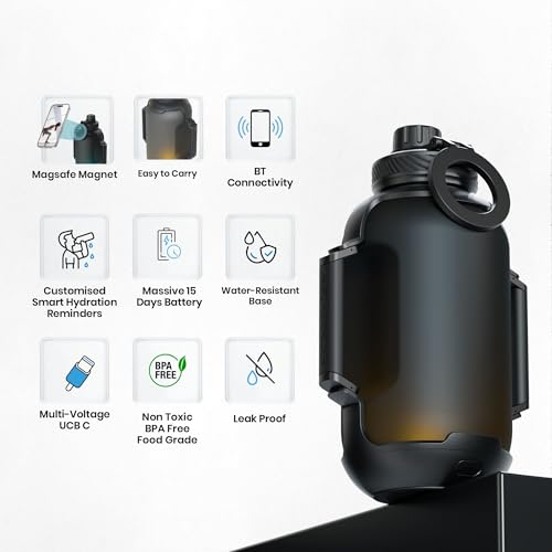 Image of Aquaminder Smart Water Bottle, 1300ml, Glow Reminder Technology with Bluetooth App, Magnetic Phone Holder Grip, Compatible with I phone mobiles, USB-C Charging, BPA-free, Congo Prime+