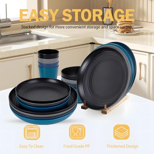 Image of Rubtlamp 16Pcs Plastic Wheat Straw Dinnerware Set, Reusable Plastic Dishes Set for 4, Kitchen Plates And Bowls Set (Deep Four Colors) Include Dinner Plates, Dessert Plates, Cereal Bowls, Cups