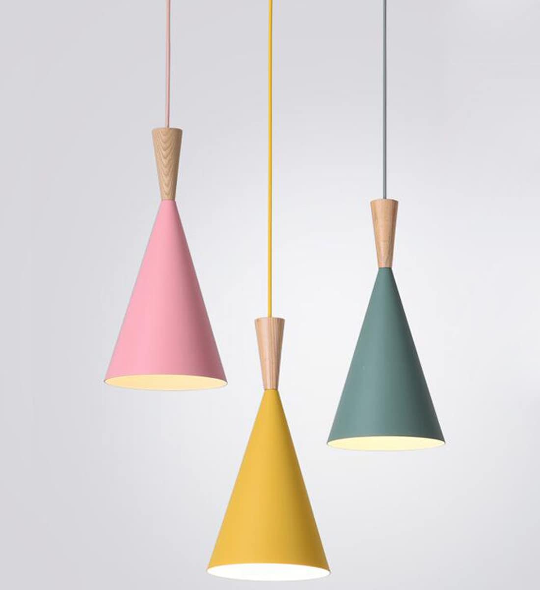 E27 lampa wisząca do jadalni, drewniana, żelazna, 3-punktowa, różowa, zielona, żółta, dekoracyjna, lampa wisząca LED, nowoczesny żyrandol, regulowana, okrągła, do biura, kuchni, oświetlenie sufitowe