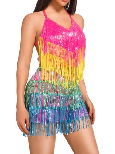 Sequin fringe romper for women, backless glitter jumpsuit