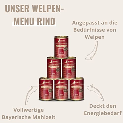 Escapure Welpen Menü 6 x 400g Dose Rind - Nassfutter für Hunde - 57% pures Rinderfleisch Nassfutter - Premium Dosenfutter Beef ohne Zusatzstoffe - Welpen Ergänzungsfuttermittel frei von Getreide