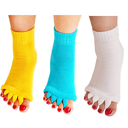 Minjie Womens Comfy Toes Foot Alignment Socks Yoga Gym Massage Half Toe Socks 3 Pack(Yellow+SkyBlue+White)