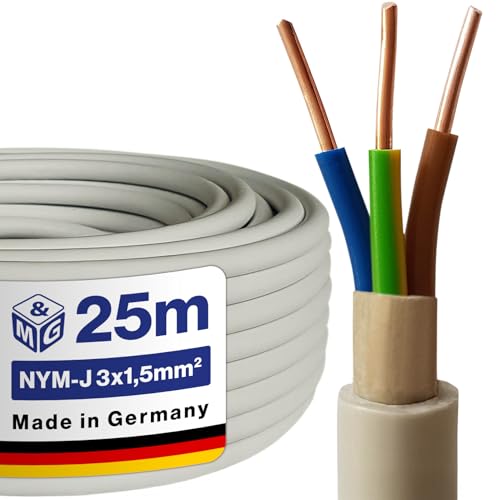 M&G Techno NYM-J 3x1,5 mm² Stromkabel 3 Polig NYM Kabel 3 adrig Mantelleitung Erdkabel Elektrokabel Feuchtraumkabel elektrische Leitung 25m