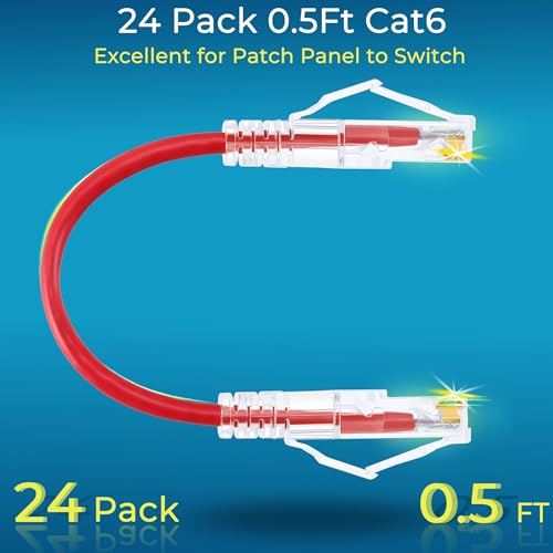 Image of Rapink Slim Cat6 / Cat6a 0.5ft (24 Pack) Ethernet Patch Cable - 10G Support, Snagless, Flexible