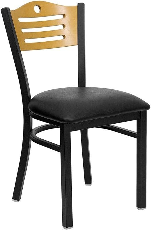 for Black Slat Back Metal Restaurant Chair with Black Vinyl Seat