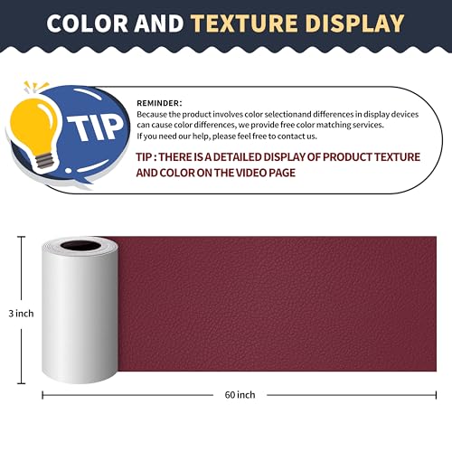 Image of ONine Leather Repair Patch，Leather Repair Tape, 3 x 60 inches Leather Repair Patch for Furniture,Vinyl Repair kit，Leather Couch Patch，for Sofas, Furniture, car SeatsWine red-Litchi Grain