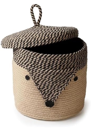 Image of Jute Basket For Storage Cotton Rope Toys Basket With Lid Handwoven Natural Foldable Laundry Hamper for Home, Office, Living Room Size 10x10 inch (FOX-BASKET)