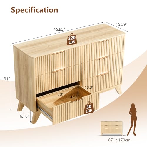 Image of VINGLI Fluted Dresser for Bedroom, 6 Drawer Dresser w /Rounded Edges, Mid Century Modern Dressers Natural Wood Color, 46.8 inch W*15.6 inch D*31 inch H