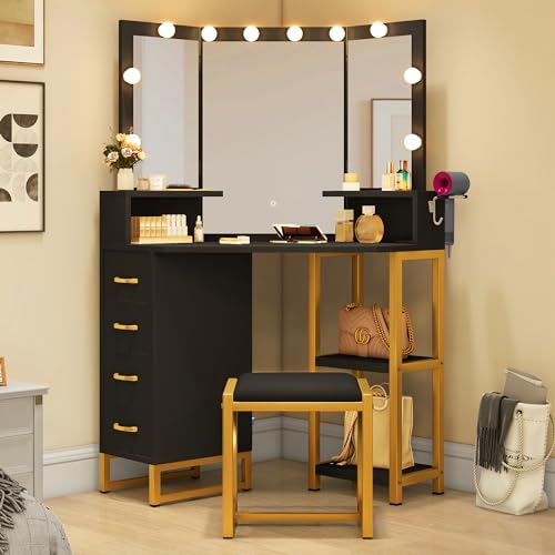 YITAHOME-Vanity-Desk-with-Lighted-Mirror-Corner-Vanity-with-Power-Outlet-3-Color-Modes-Adjustable-Makeup-Table-Set-with-4-Drawer-Stool-Bedroom-Dark-Black YITAHOME Vanity Desk with Lighted Mirror Corner Vanity with Power Outlet 3 Color Modes Adjustable Makeup Table Set with 4 Drawer Stool Bedroom Dark Black