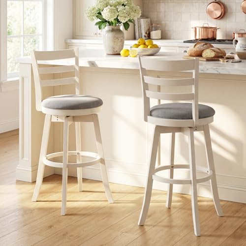 Giantex Swivel Bar Stools Set of 2, 30.5" Bar Height Stools with Fabric Upholstered Seat, Rubber Wood Legs & Footrest, Farmhouse Barstools with Backs for Kitchen Island, Dining Room, Pub