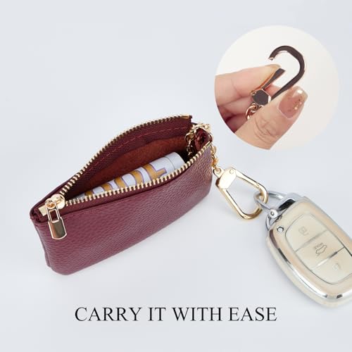 Image of Full Grain Leather Coin Purse with Key Chain - Small Change Purse Keychain Card Holder Keychain Pouch Small Keychain Wallet for Women and Men (Burgundy)