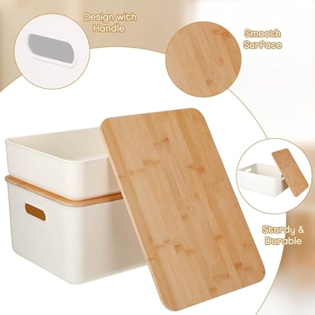 Suzile 6 packs Plastic Storage Bins with Bamboo Lids Stackable Storage Containers for Organizing, with Labels and Marker Document Paper Storage(Medium Large)