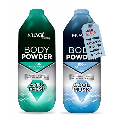 New Nuage Talc Free Body Powder for Men Bundle 250g Cool Musk & 250g Aqua Fresh 2 Pk Talc Free Powder for Women & Men Anti-Chafing & Fresh Skin by GBH
