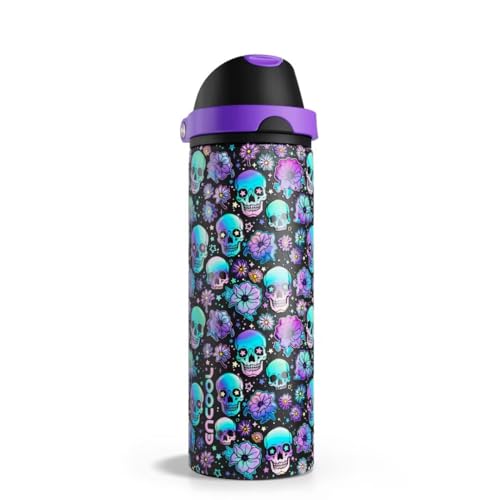 ENCOOL Insulated Water Bottle with Straw Stainless Steel Water Bottle with Push Button Lid, Leak-Proof & BPA-Free, Keeps Cold for 24 Hours for Sports, Travel, Gym (24 oz, Floral Afterlife)