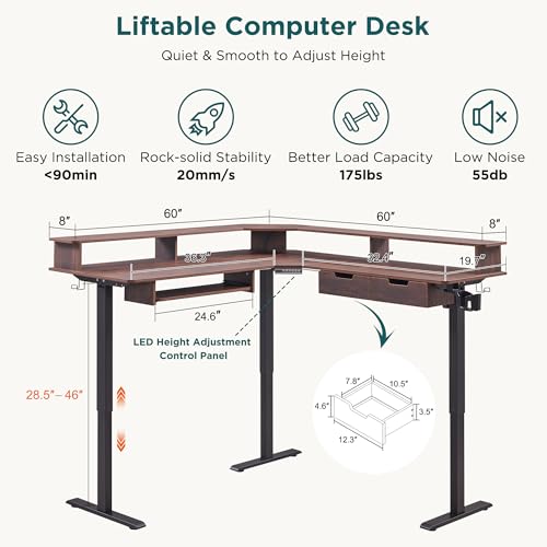 Image of RedLemon 60 Inches L Shaped Electric Standing Desk, Height Adjustable Corner Gaming Desk with Drawers, Keyboard Tray, Power Outlets & LED Lights, Computer Desk with Monitor Shelf, Dark Walnut