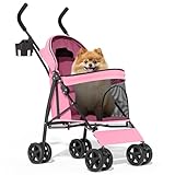 MoNiBloom 4 Wheels Pet Stroller, Easy-Fold Puppy Cage Jogger Stroller with Sun Cover, Pad and Rear Storage Bag, Breathable and Visible Mesh for Small/Medium Pets up to 22 lbs, Pink