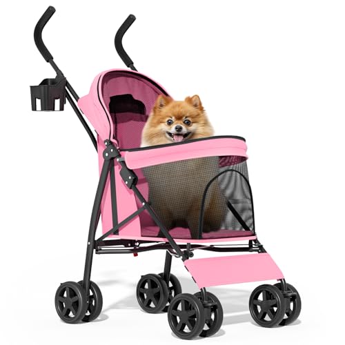 MoNiBloom 4 Wheels Pet Stroller, Easy-Fold Puppy Cage Jogger Stroller with Sun Cover, Pad and Rear Storage Bag, Breathable and Visible Mesh for Small/Medium Pets up to 22 lbs, Pink