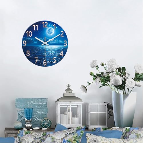 Image of Large Blue Moon Wall Clock Battery Operated 24 Inch Silent | Non Ticking Modern Glass Nature Decorative Round Analog Clock for Living Room Bedroom Kitchen