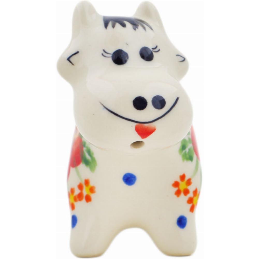 Authentic Polish Pottery Cow Shaped Creamer in Vermilion Clusters Design Handmade in Boles?awiec Poland by Ceramika Bona + Certificate of Authenticity