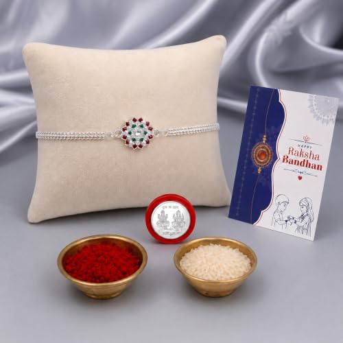 Image of Oblivion Rakhi for Brother - Silver Color Flower Shape Rakhi with Silver Color Pooja Coin, Greeting Card & Roli Chawal, Traditional Raksha Bandhan Festive Celebrations Combo Pack for Bhai (K1 A36)