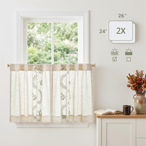 Image of jinchan Green Floral Linen Kitchen Tier Curtains 24 Inch, 2 Panels