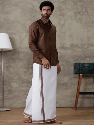 Image of RAMRAJ COTTON Men Full Sleeve Solid Shirt With Matching Border Dhoti|Ideal For Weddings And Occasion