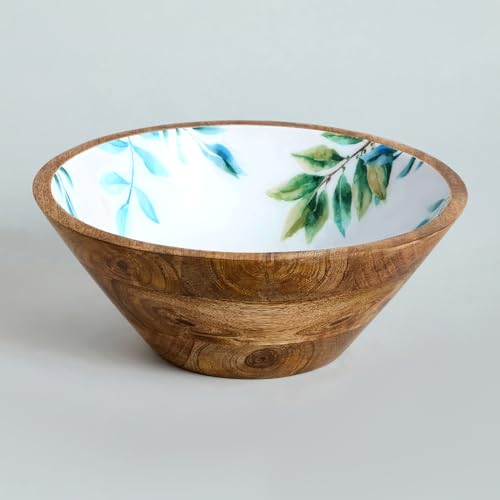 Image of SAAGA Printed Mango Wood Serving Bowl - 10 x 4 Inch Handcrafted Round Wooden Bowl | Food-Grade Finish for Noodles, Soups, Curries & Snacks - White & Aquamarine