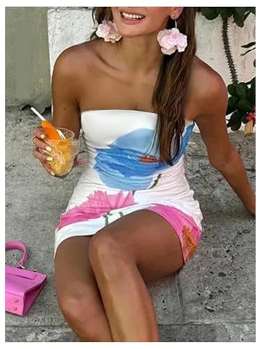 Image of WDIRARA Women's Floral Print Mini Tube Dress Summer Strapless Sleeveless Bodycon Dresses