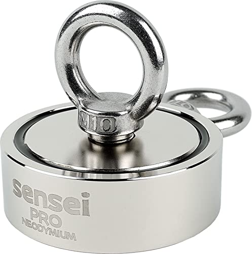 Imán SENSEI 250 kg, Imán de Neodimio de Doble Cara N52 con Gancho Superior y Lateral, Ø7,5 x H2,5 cm, Imán de Neodimio Muy Potente para Hogar, Taller, Pesca en el Agua