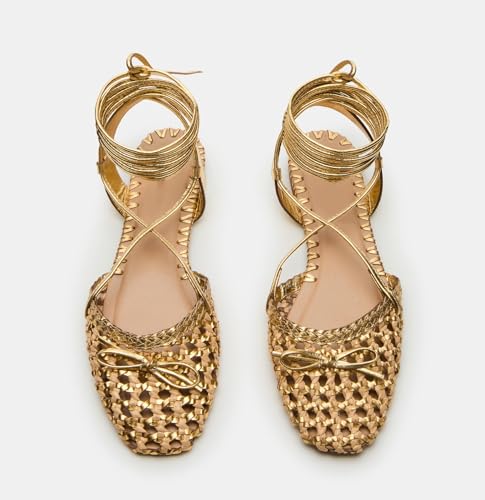 Woven Ballet Flats for Women Lace Up Closed Square Toe Summer Flats Shoes2