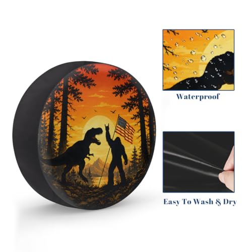 Image of Bigfoot Dinosaur American Flag Spare Tire Cover Wheel Covers Protectors Waterproof Dust-Proof Universal Fit Trailer, RV, SUV and Many Vehicle 15 Inch,C-08