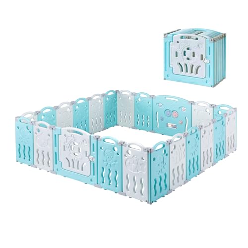 Image of Albott 22 Panels Kids Safety Play Center Yard Baby Playpen Kids Activity Centre Indoor or Outdoor, Portable Play Yard with Gate for Babies, Infant, Toddlers Blue (20 Panels+1 Gate+ 1 Game Board)