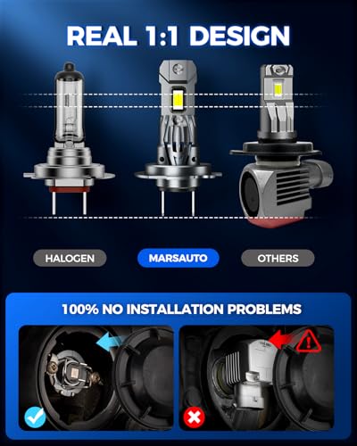 Image of Marsauto H7 Light Bulbs, 30000LM 800% Brighter Bulbs, Real Mini Size 6000K Cool White IP68 Waterproof, Plug and Play