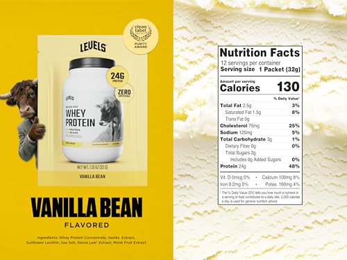 Image of Levels Grass Fed Whey Protein Powder, No Artificials, 24G of Protein, Vanilla Bean, 12 Count