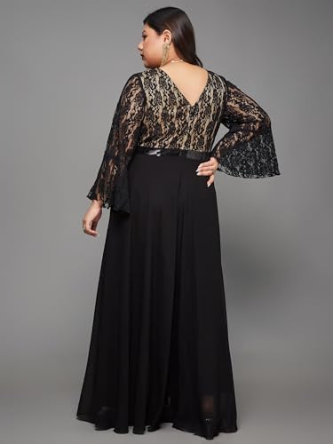 Image of Miss Chase A+ Women's Floral Printed Relaxed Fit V -Neck 3 /4Th Sleeve Georgette Maxi Dress