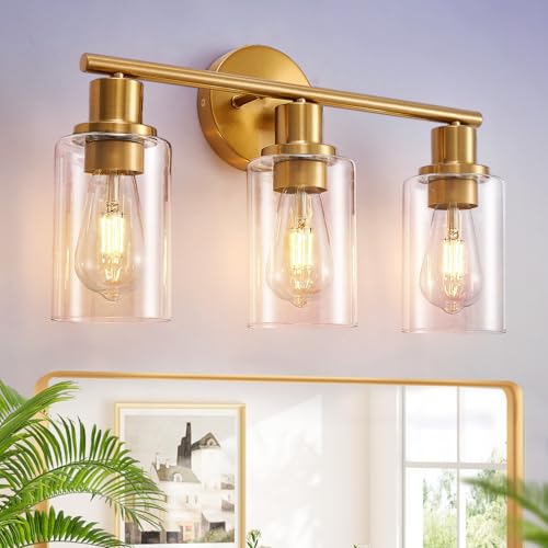 Image of DLLT 3-Light Bathroom Light Fixtures: Gold Modern Vanity Wall Lights with E26 Bulbs - Clear Glass Shade Bathroom Wall Lamp for Mirror Kitchen Living Room Hallway Cabinet Porch