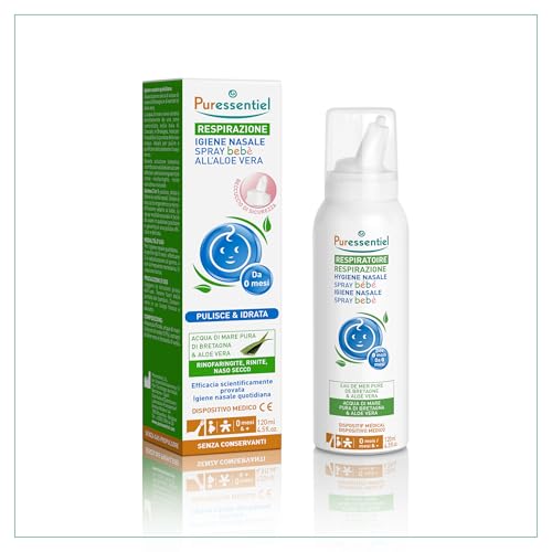Puressentiel - Respirazione - Spray Igiene Nasale Bebè all’Aloe vera - Dispositivo medico – Azione 3 in 1 – Pulisce e Idrata – Libera le cavità nasali - Acqua di Mare pura – da 0 mesi - 120ml