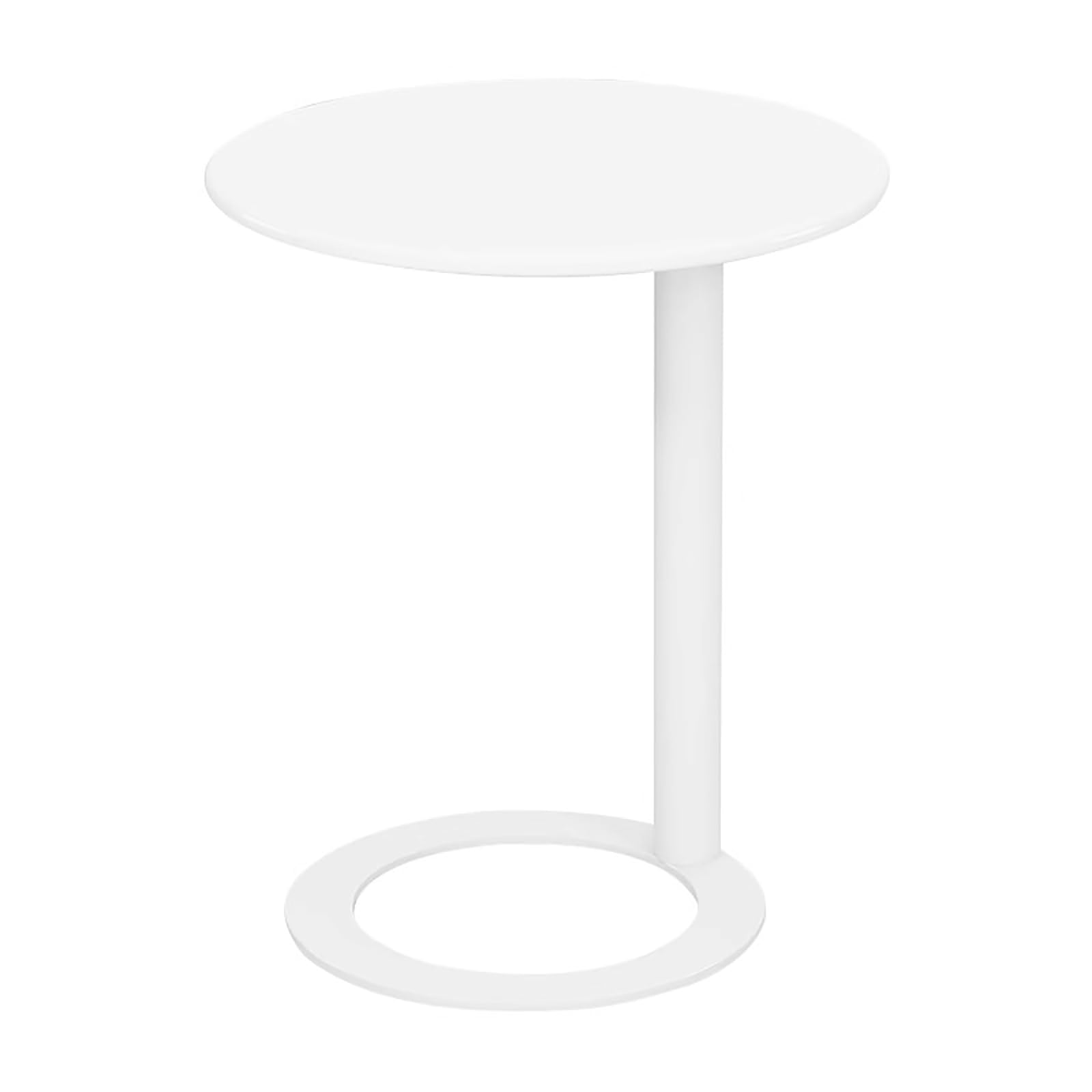 Mesa de sofá en forma de C blanca con base redonda estable, diseño moderno y compacto de 59 cm
