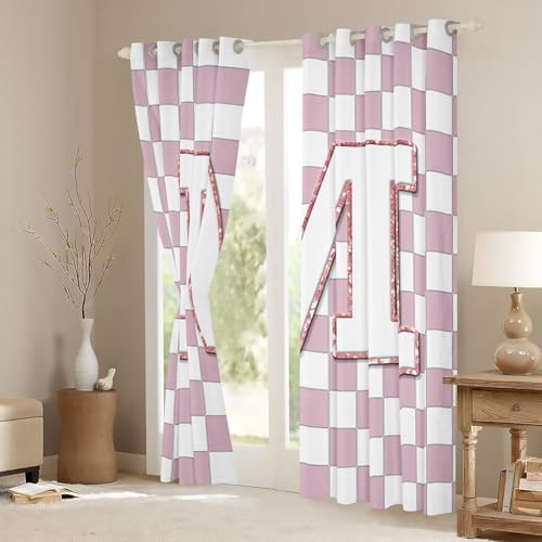 Image of Erosebridal Pink Initial M Window Curtains 38 inch Wx54 L Kawaii Plaid Checkered Blackout Curtains for Kids Girls Bedroom,Cute Personalized Monogram Window Treatments Grids Gingham Drapes Decor 2 Panels