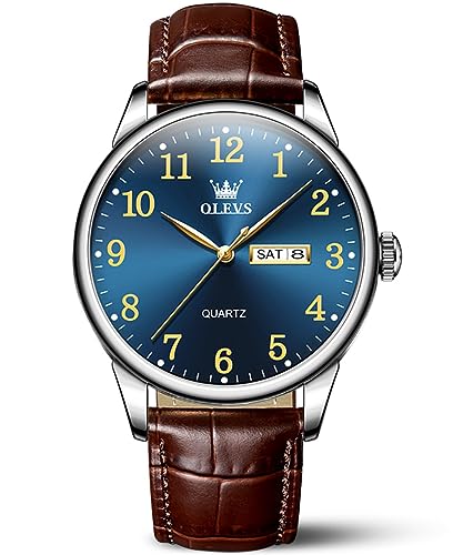 OLEVS Brown Watches for Men Blue Big Dial Leather Analog Mens Watch Casual Luminous Easy Reader Watches for Elderly Three Hands Dress Watch Day and Date Impermeable Male Watch