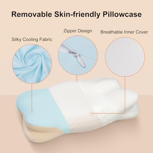 Image of Memory Foam Toddler Pillow, Breathable Cooling Removable Pillowcase, Kids Pillow for Sleeping, Ergonomic Contour Neck Pillow for Back & Side & Stomach Sleeping 12x22 in (Blue)