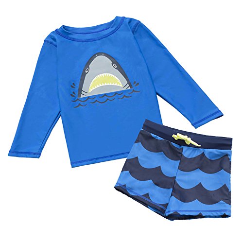 Traje de baño 7-Mi Boys, traje de baño de manga larga con protección UV Rash Guard - Protección contra el sol - Traje de baño 3D Shark Design Toddler Kids Baby Girl, azul, 98-105 cm