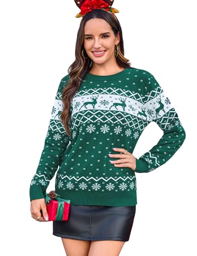 Aottori Womens Christmas Jumpers Xmas Reindeer Snowflakes Sweaters Reindeer Winter Long Sleeve Round Neck Knitted Pullover Tops UK Green XL