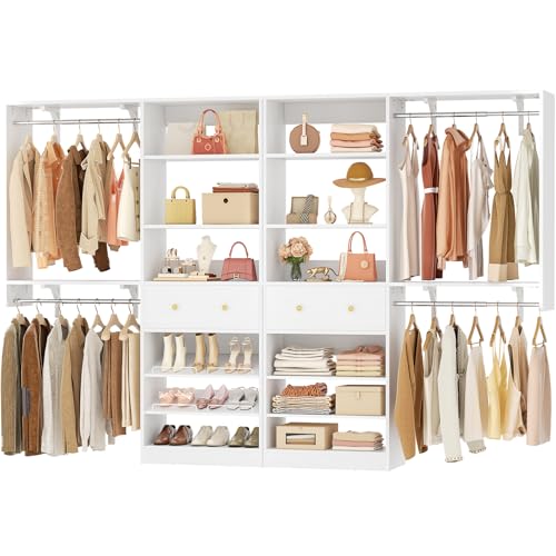 [10 FT Closet System] Reversible Set of 2 Wood Closet Organizer System with 2 Drawers, 4 Hanging Rods Adjustable Shelf, Walk In Closet Organizers with Shoe Rack, Garment Rack Clothes Rack, White